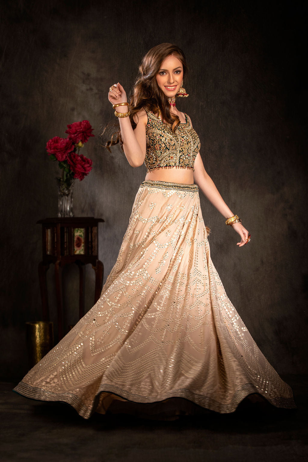 Velvet Embroidered top with mirror work skirt