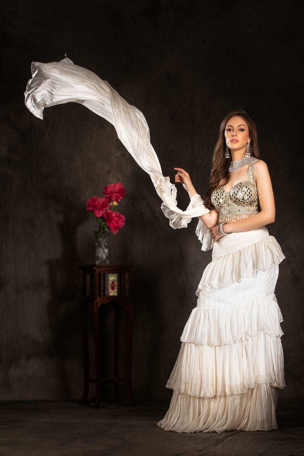 Mirror Embroidered Top with layered Saree