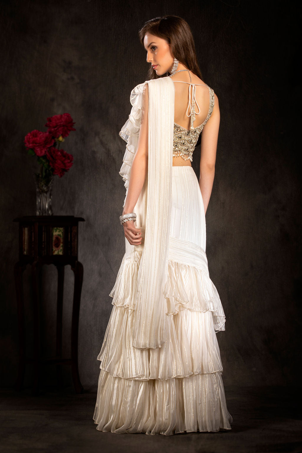 Mirror Embroidered Top with layered Saree