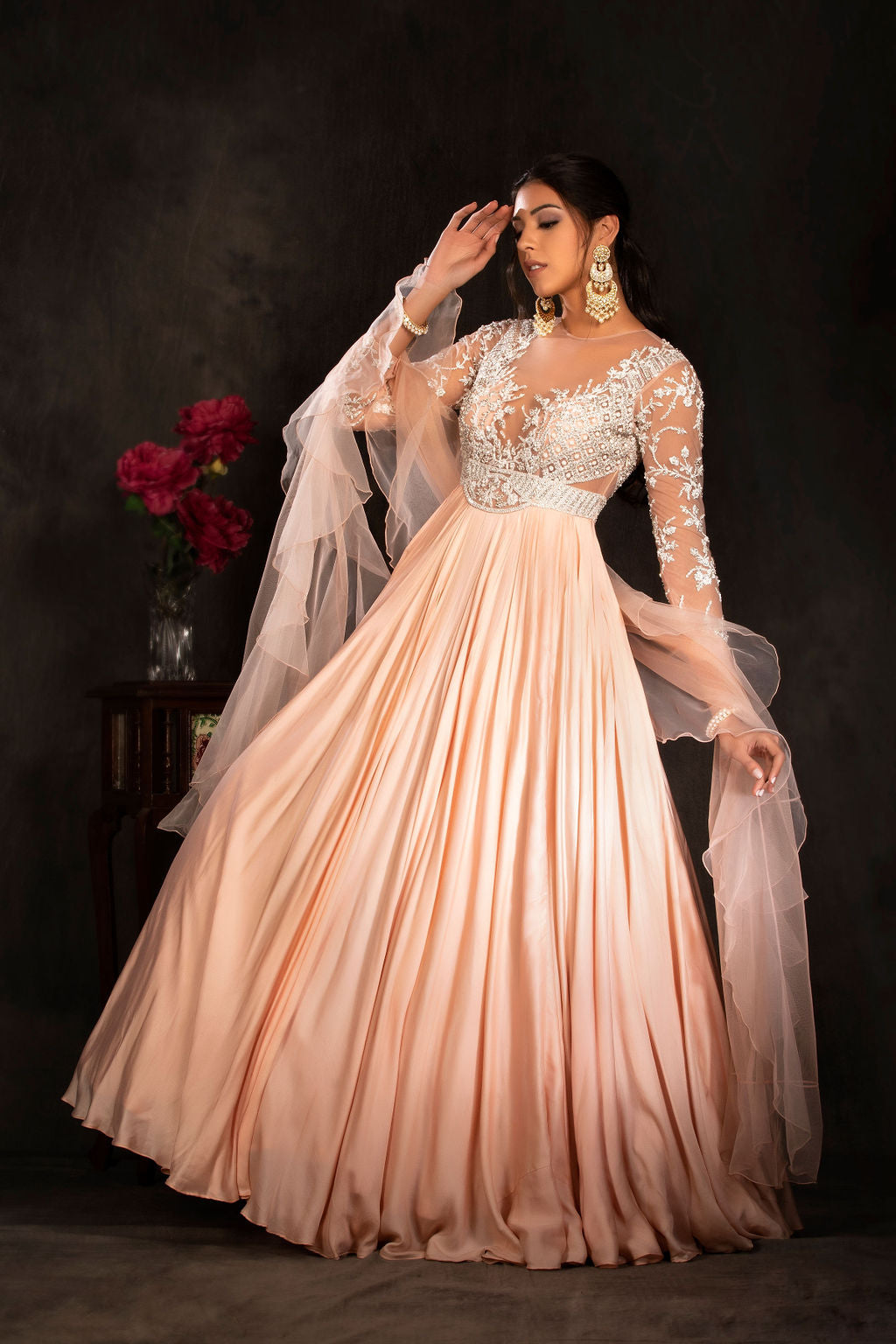 Peach Gown with ruffle scarf