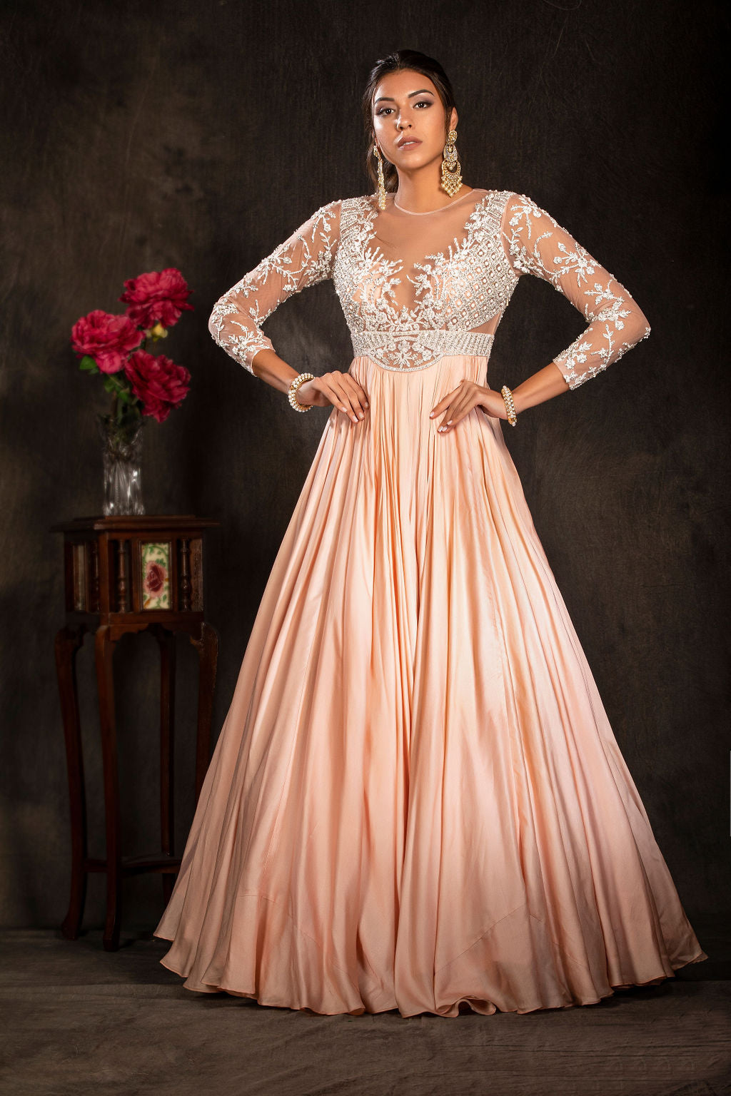 Peach Gown with ruffle scarf