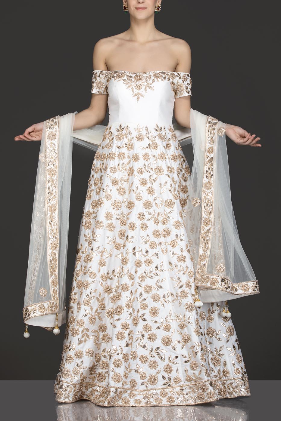 Ivory Silk Anarkali/Gown With Net Dupatta, Gota Patti And Pearl Embroidery