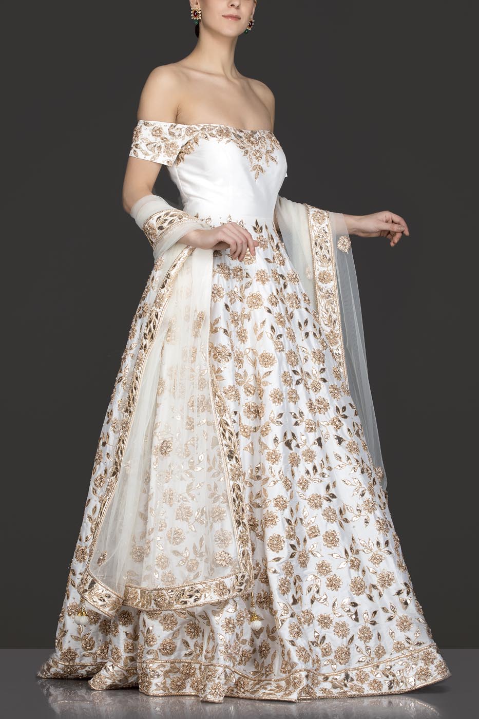 Ivory Silk Anarkali/Gown With Net Dupatta, Gota Patti And Pearl Embroidery