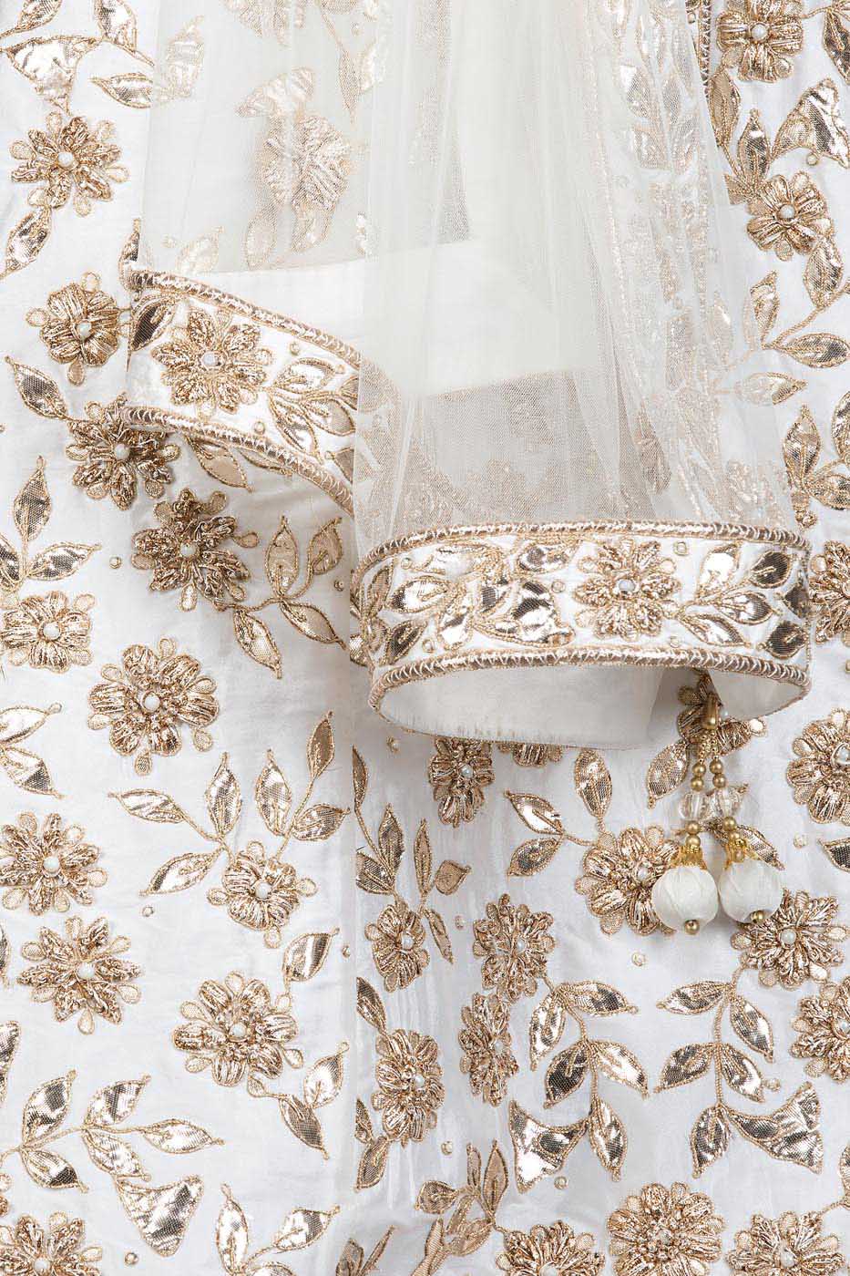 Ivory Silk Anarkali/Gown With Net Dupatta, Gota Patti And Pearl Embroidery