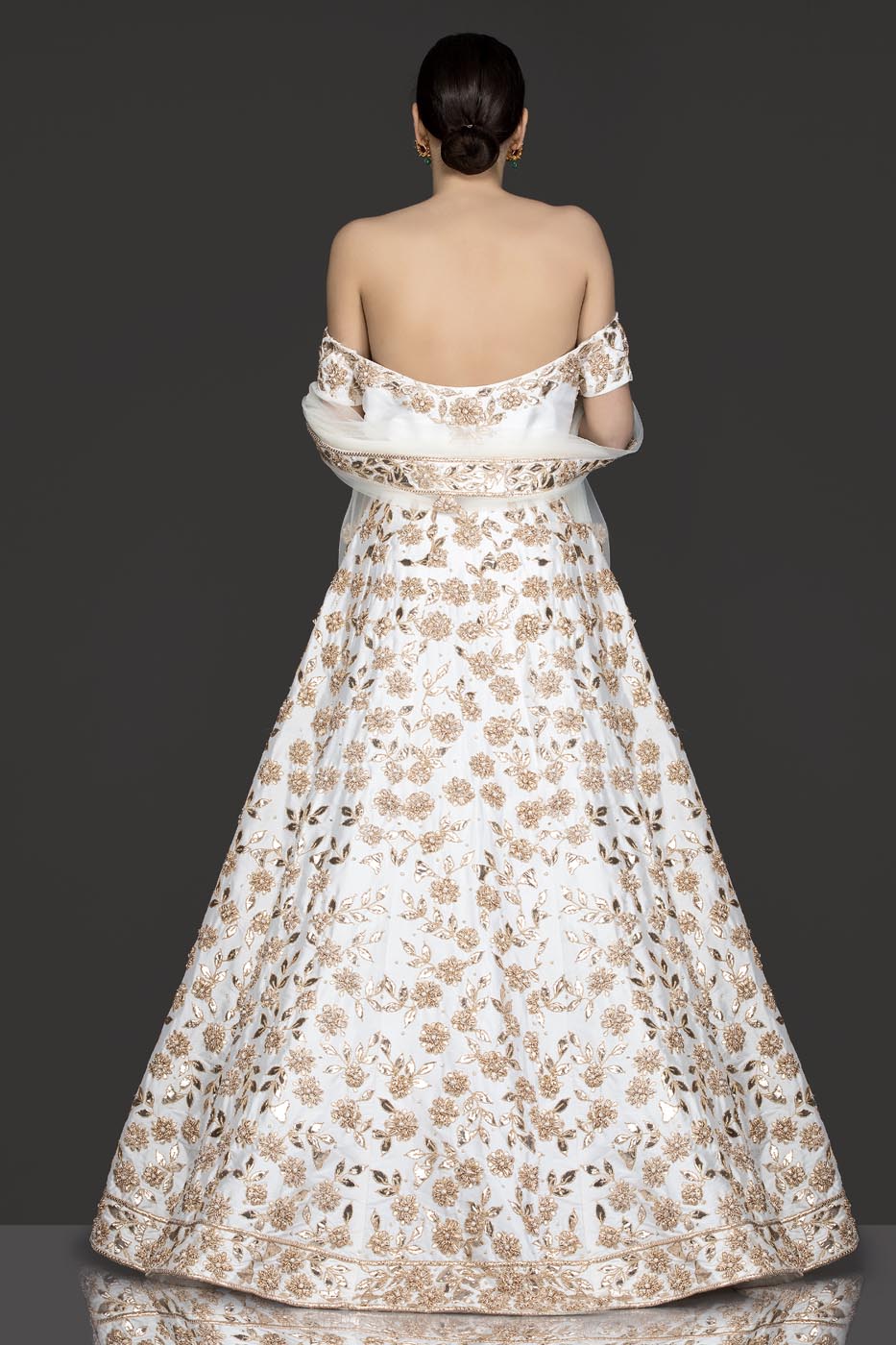 Ivory Silk Anarkali/Gown With Net Dupatta, Gota Patti And Pearl Embroidery