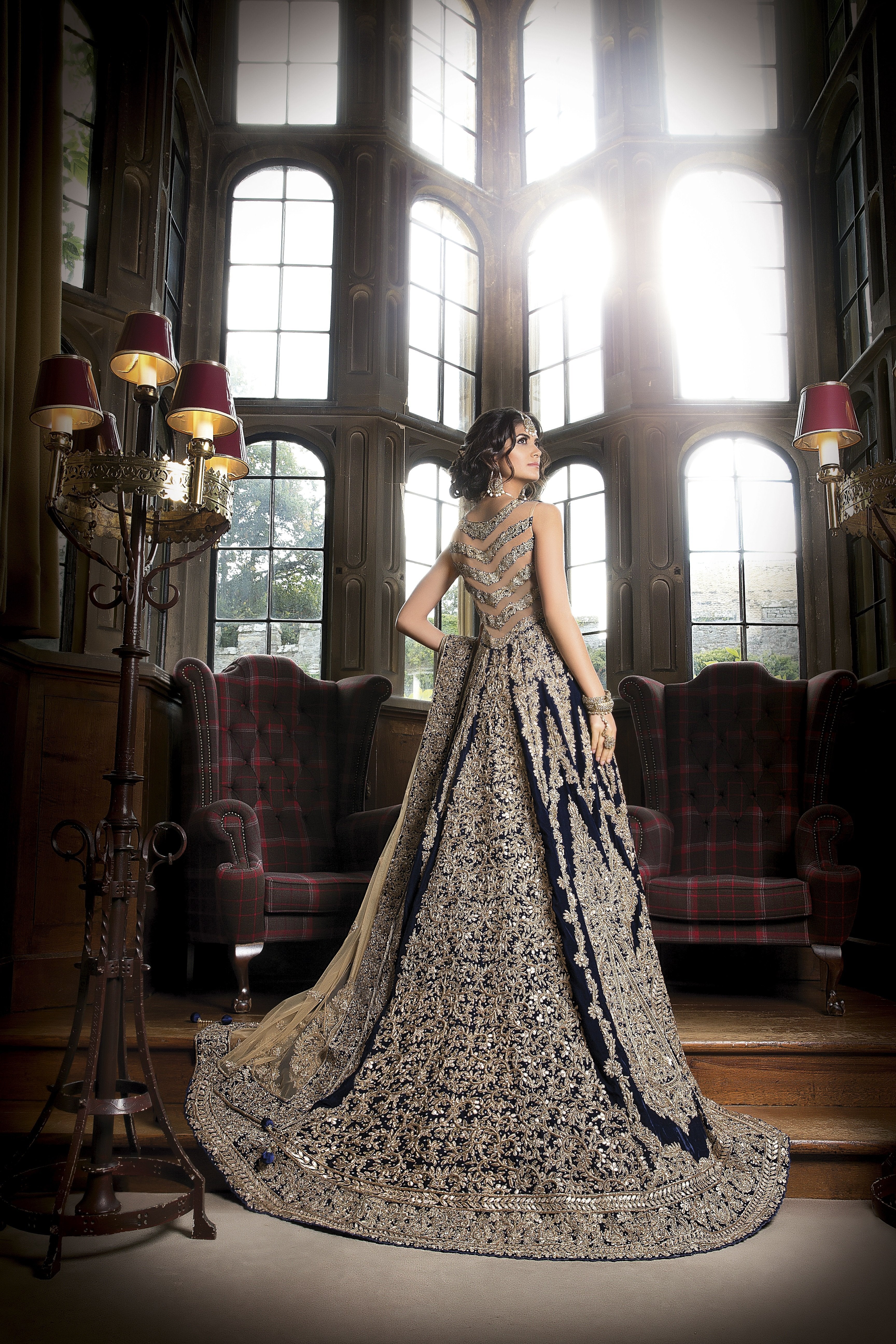 Navy Bridal Gown with Contrast Golden Scarf