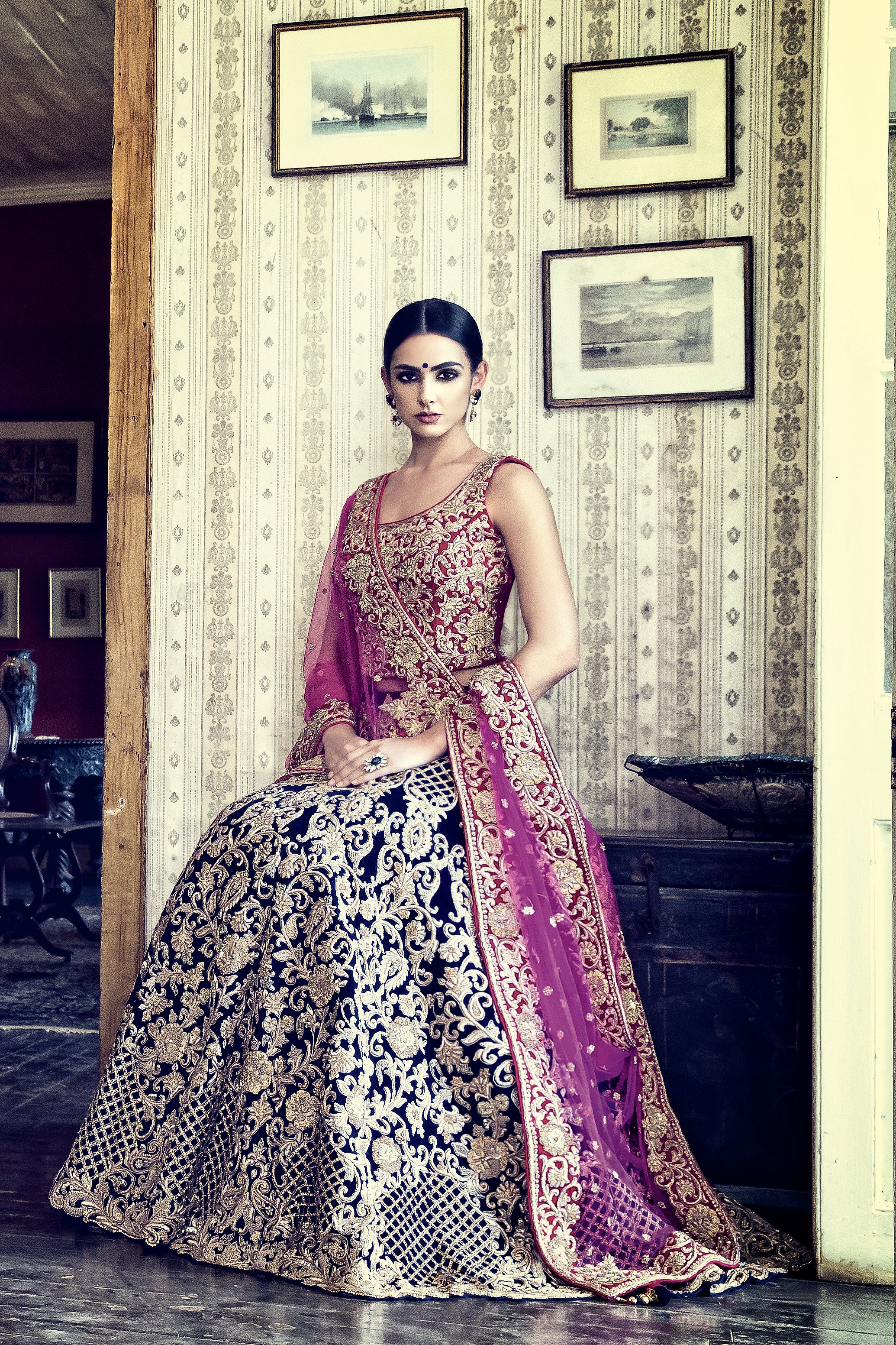 Blue Bridal Lehenga with Pink Dupatta