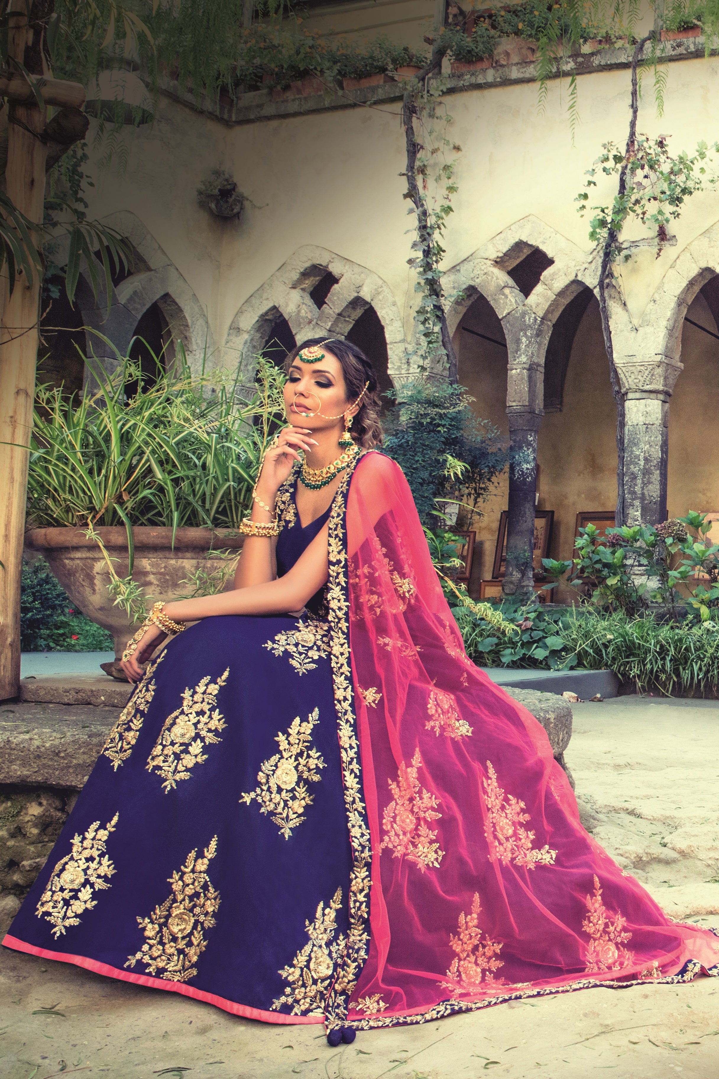Royal Blue dress gown with fushia scarf