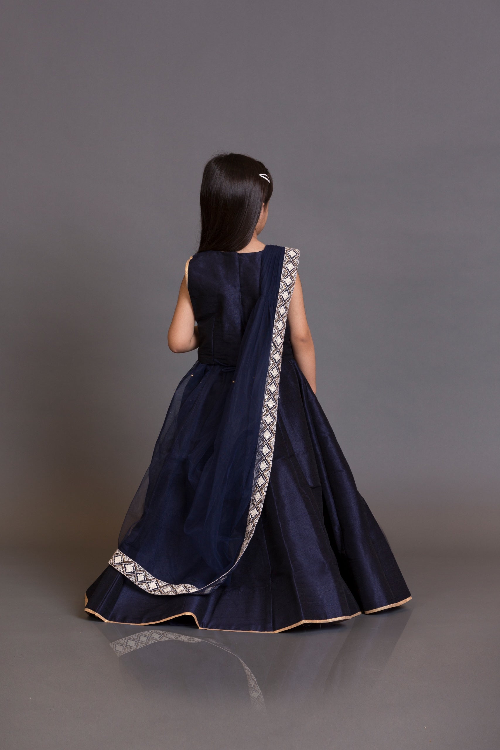Kidswear navy blue top with skirt and net dupata
