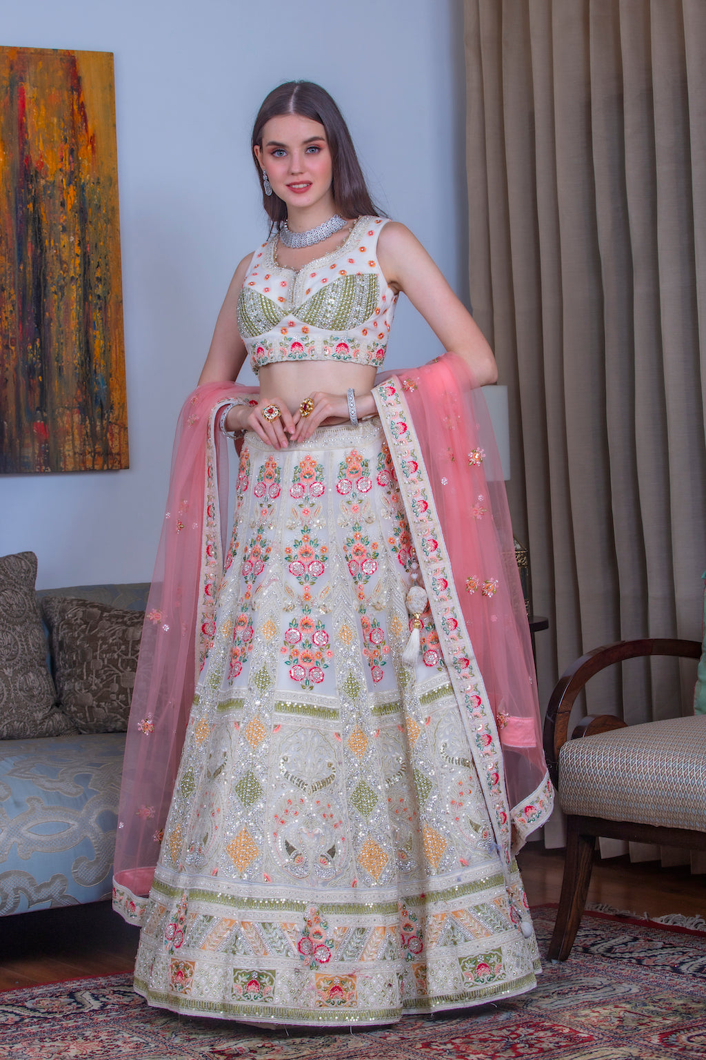 Mint Lehenga with conrast scarf