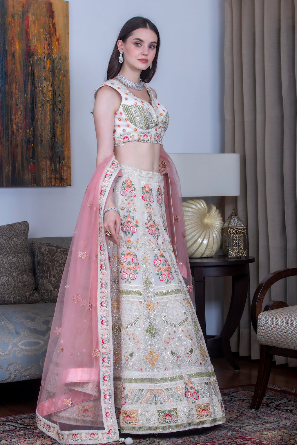 Mint Lehenga with conrast scarf