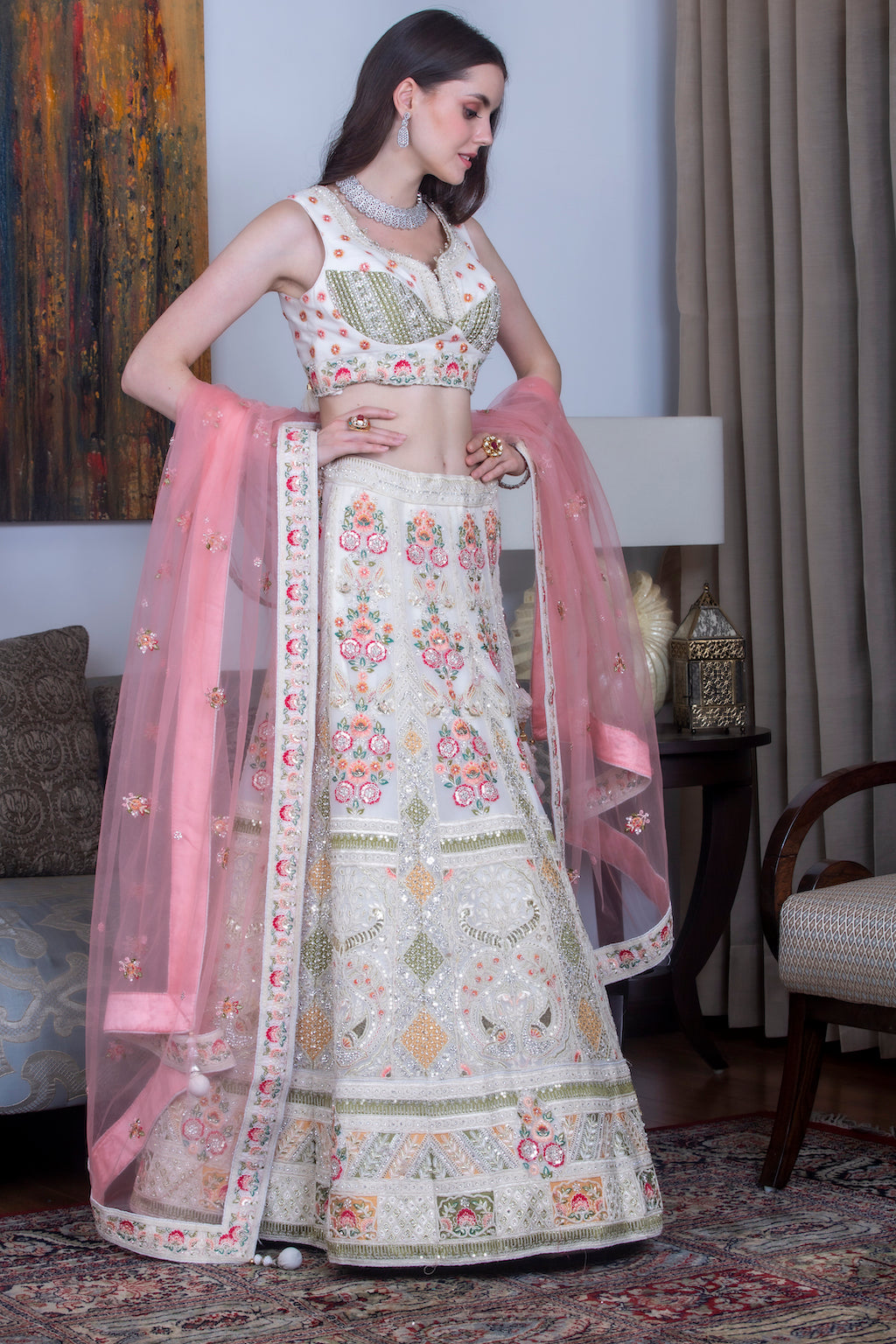 Mint Lehenga with conrast scarf