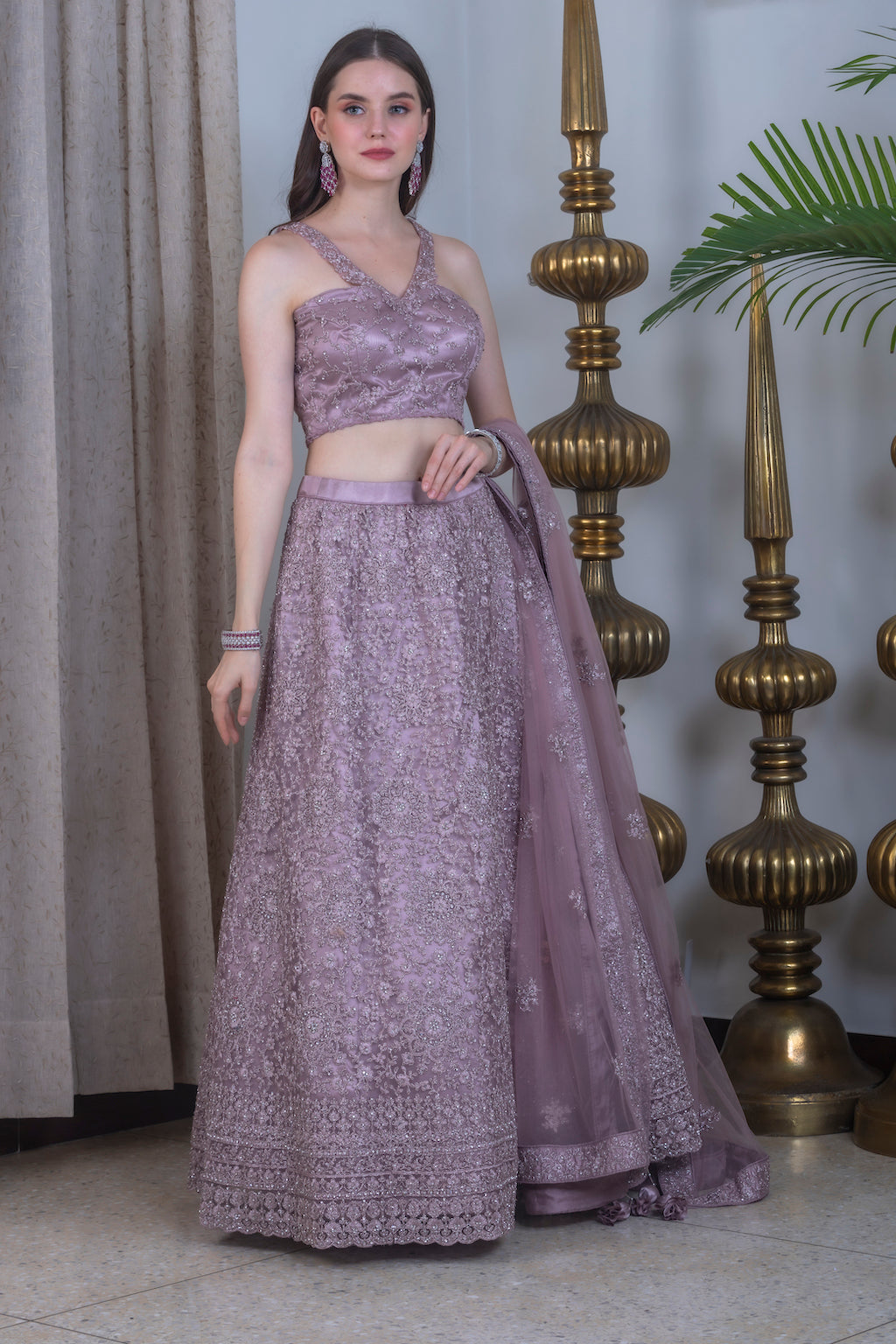 Onion Color Lehenga with stylish neck
