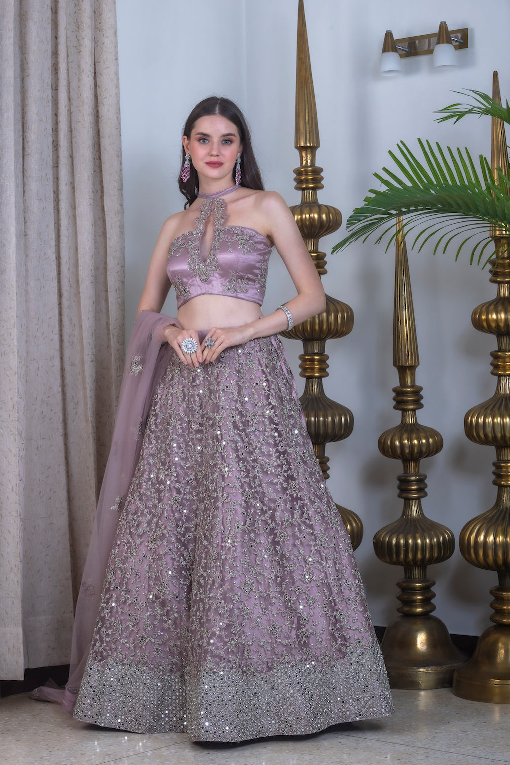 Onion color Lehenga with halter neck