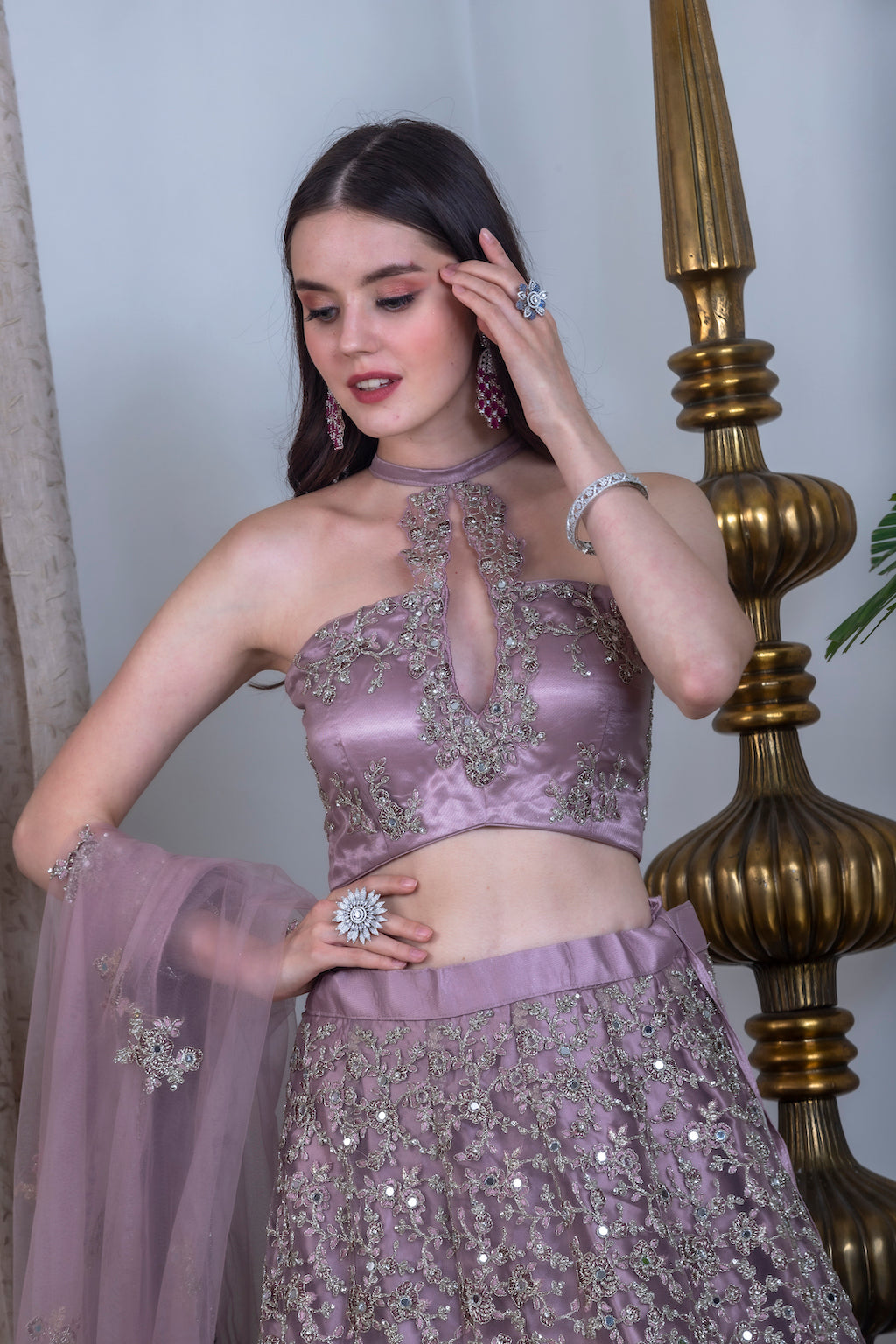 Onion color Lehenga with halter neck