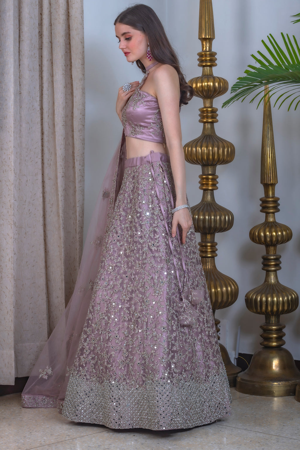 Onion color Lehenga with halter neck