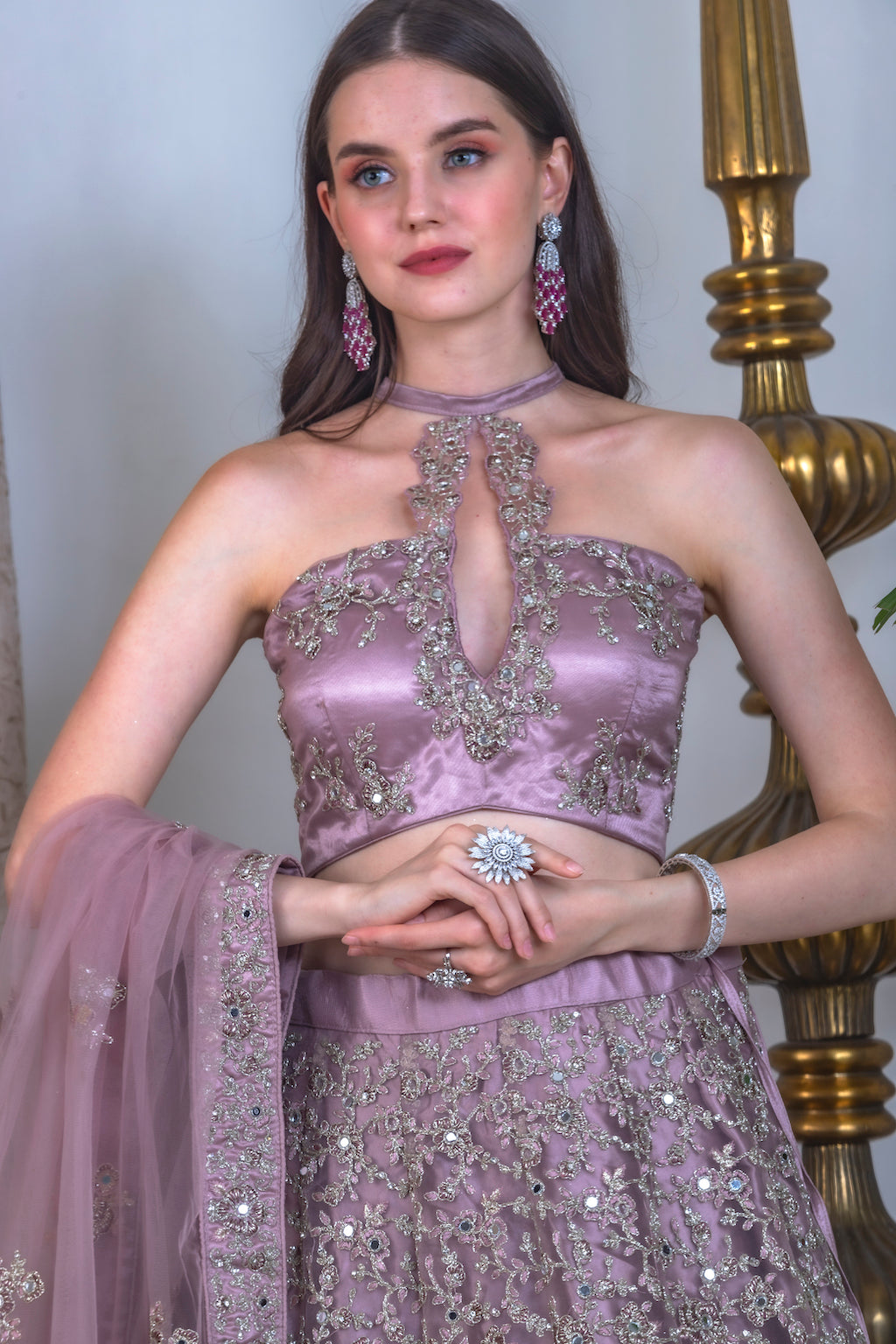 Onion color Lehenga with halter neck