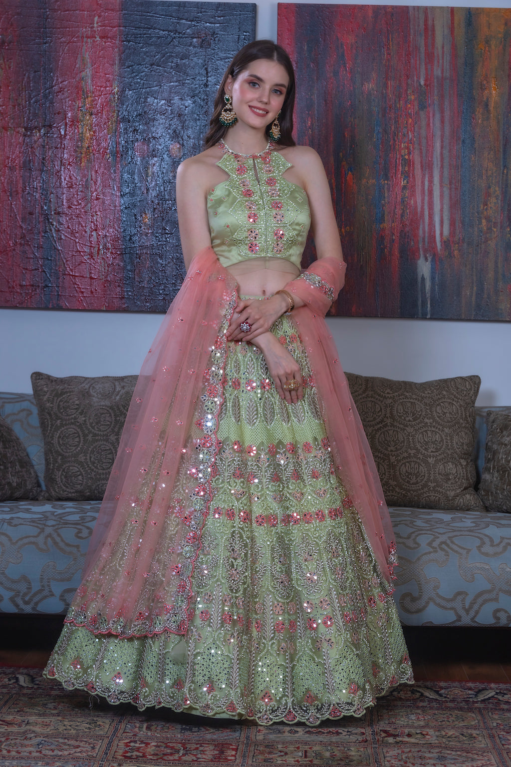Green Lehenga with contrast scarf
