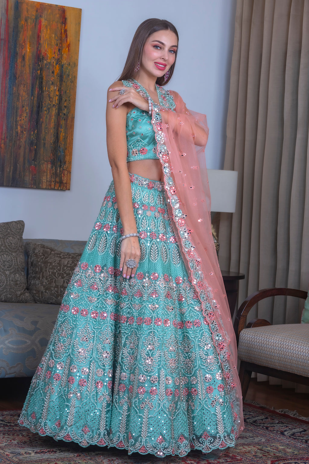 Blue Lehenga with contrast scarf