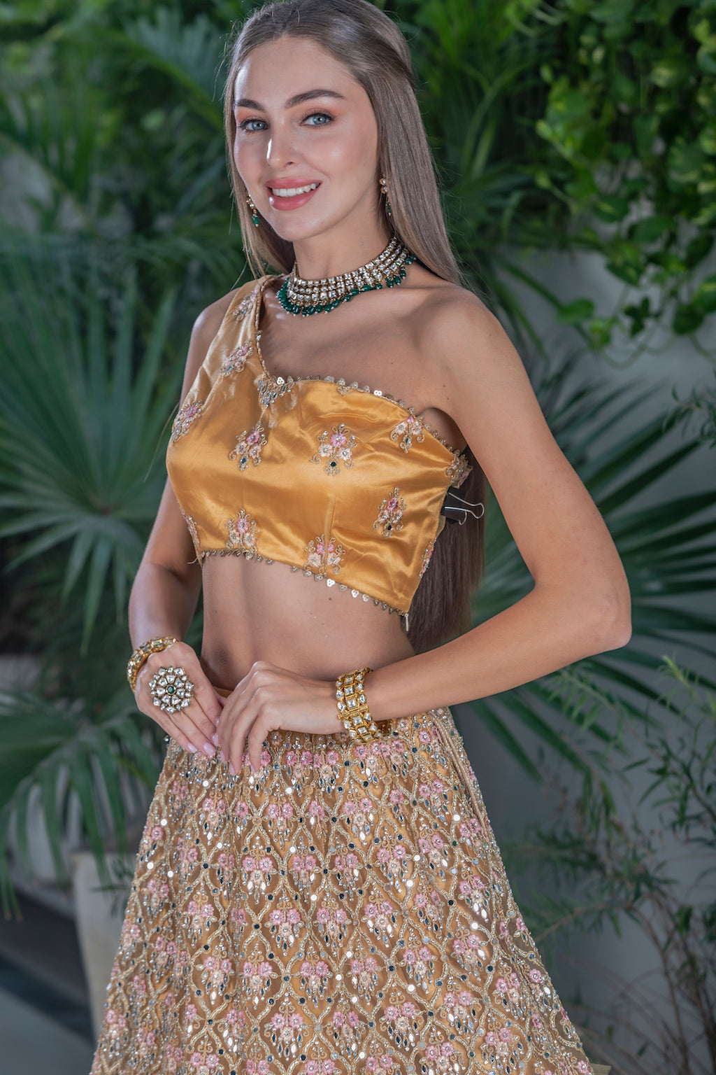 Yellow Lehenga with one shoulder top