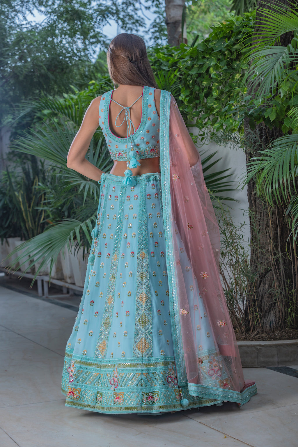 Blue Lehenga with contrast scarf