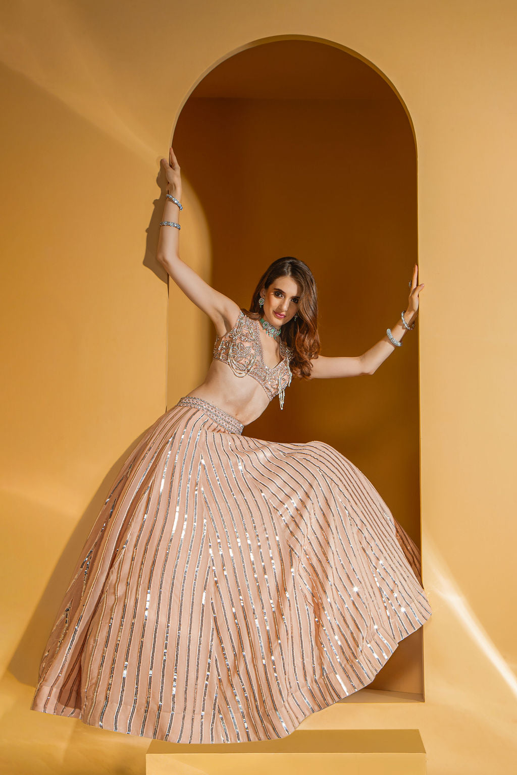 Peach Nude enbroidered top with Skirt