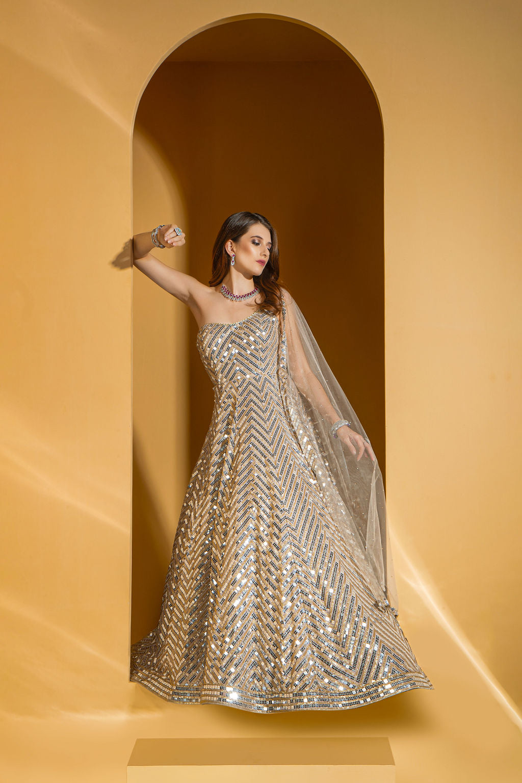 Nude Golden one shoulder Gown