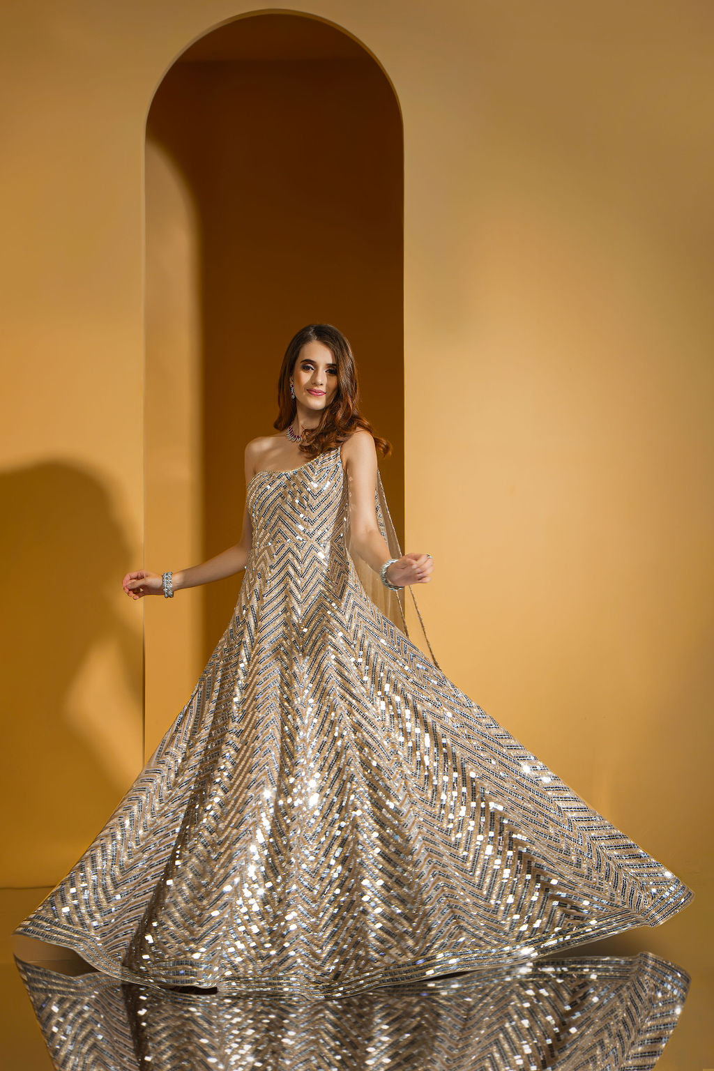 Nude Golden one shoulder Gown