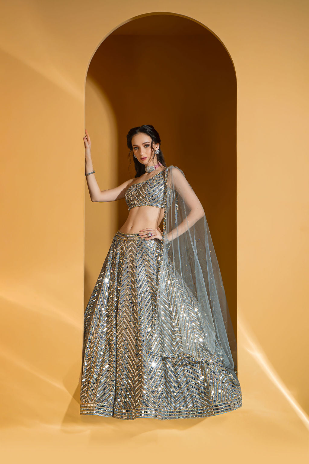 Grey one shoulder top and Skirt