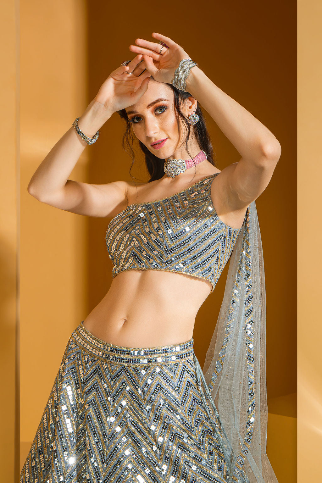 Grey one shoulder top and Skirt