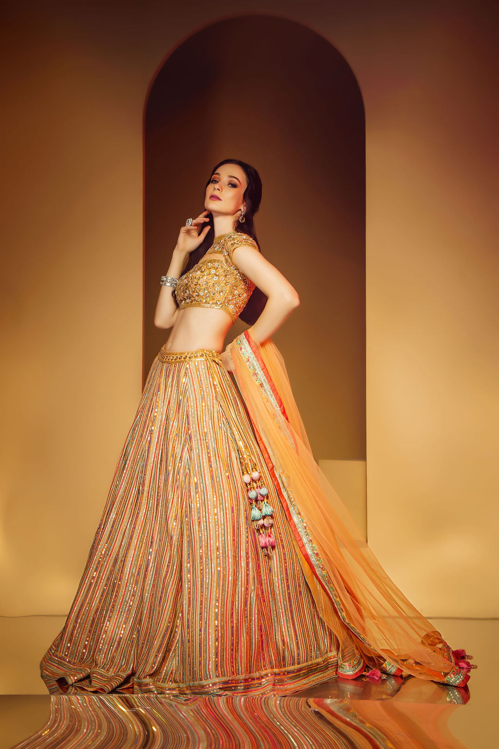 Peach Top with Multicolor Skirt