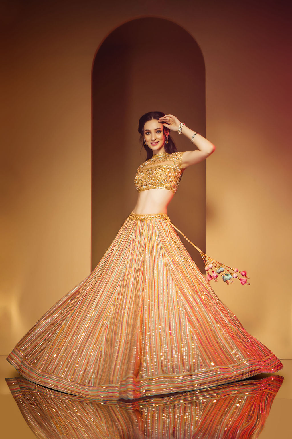 Peach Top with Multicolor Skirt