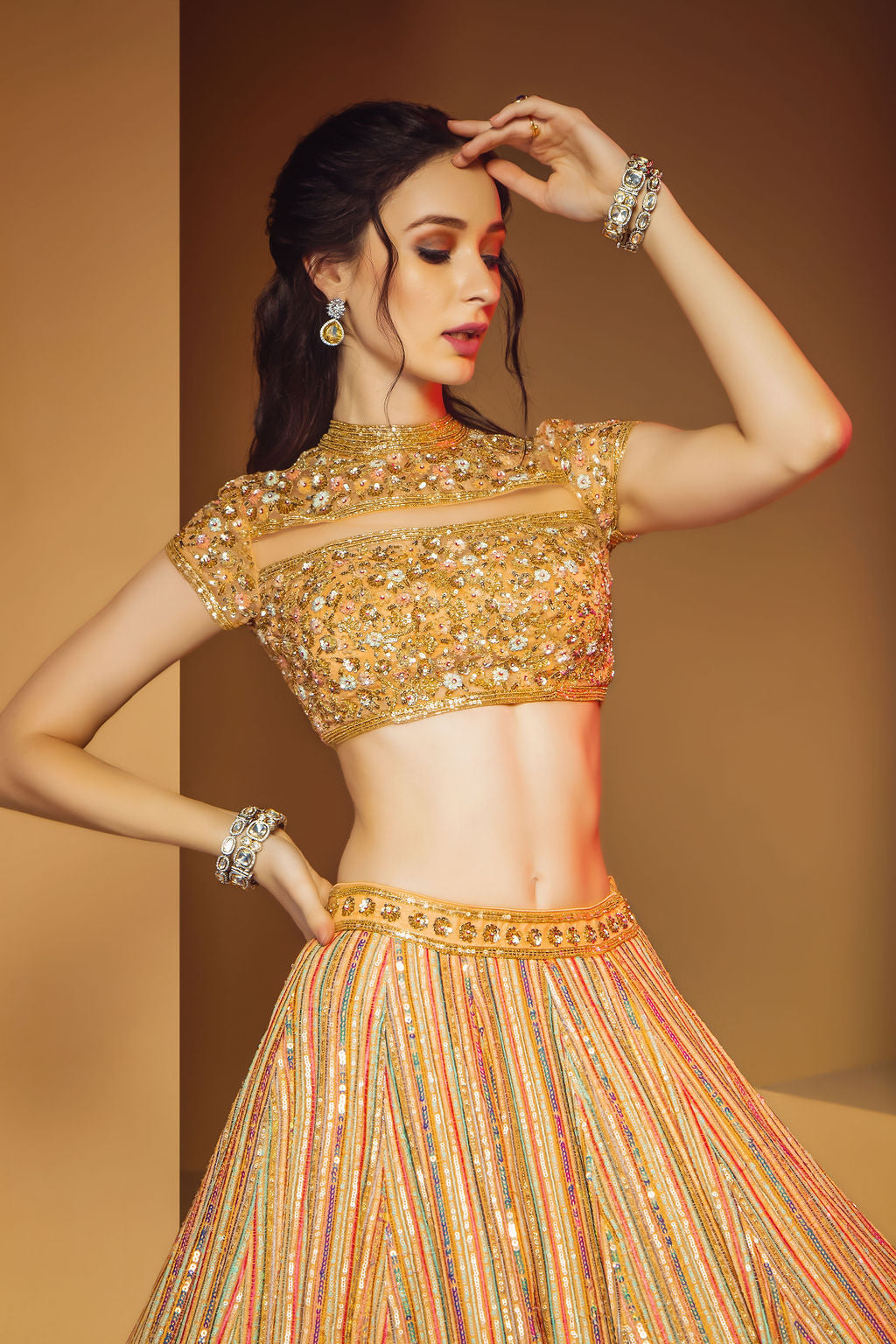 Peach Top with Multicolor Skirt