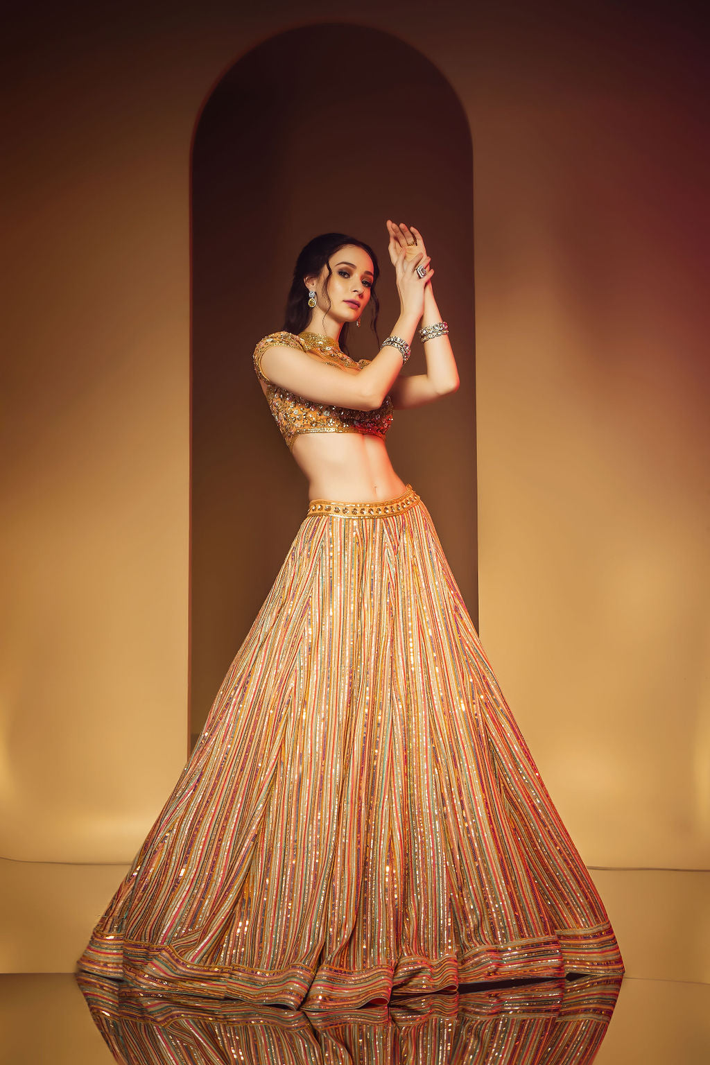 Peach Top with Multicolor Skirt