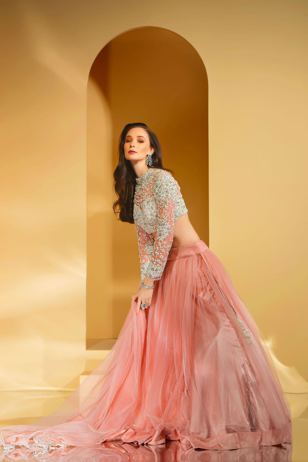 Pearl embroidered Top with net skirt