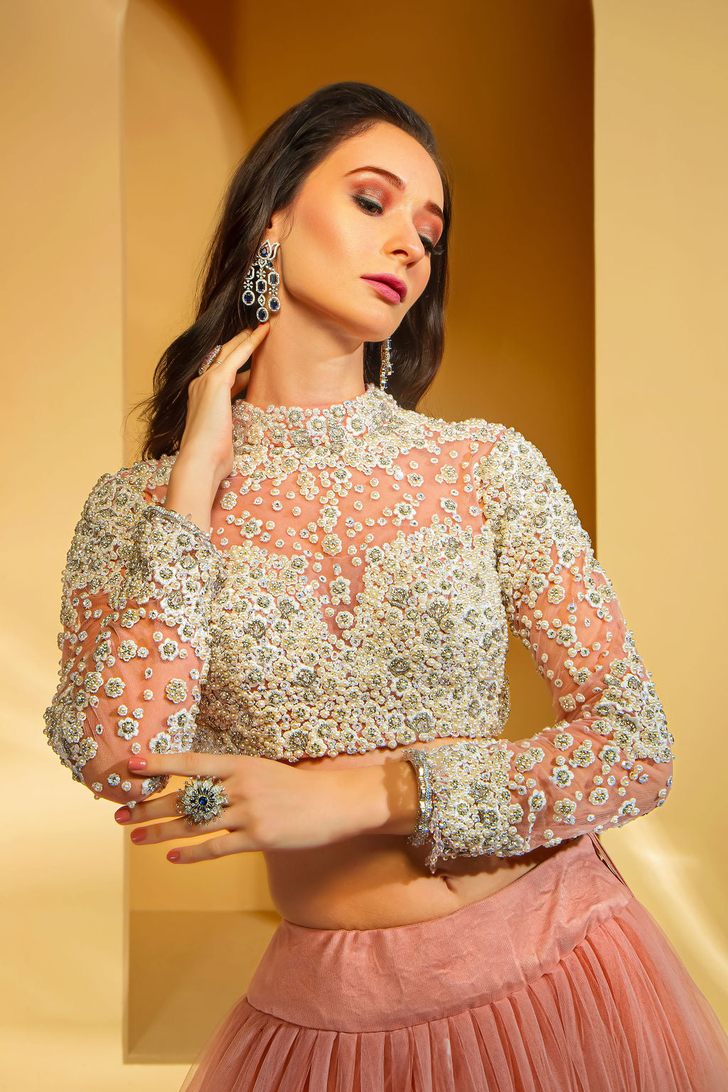 Pearl embroidered Top with net skirt
