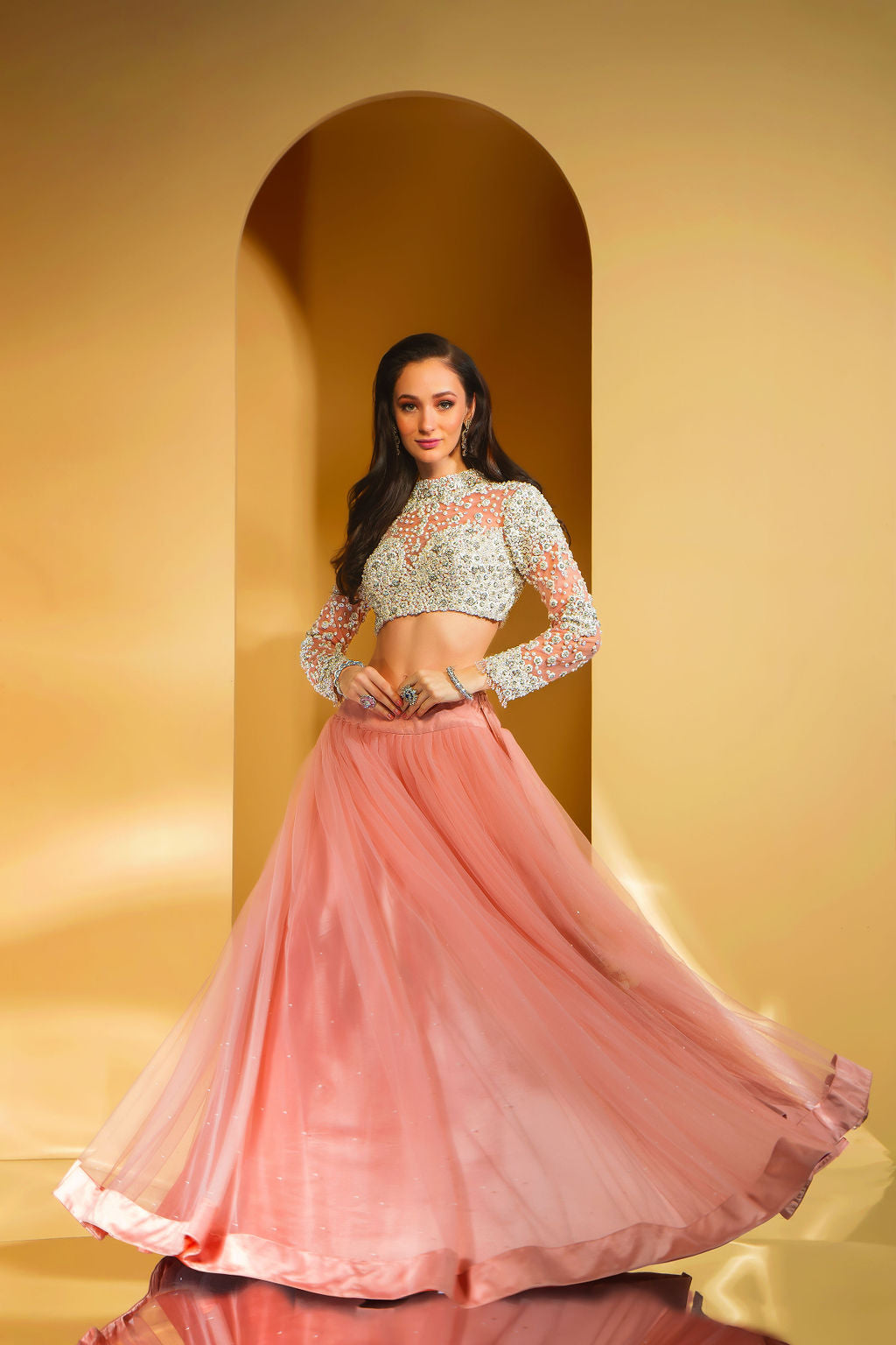 Pearl embroidered Top with net skirt