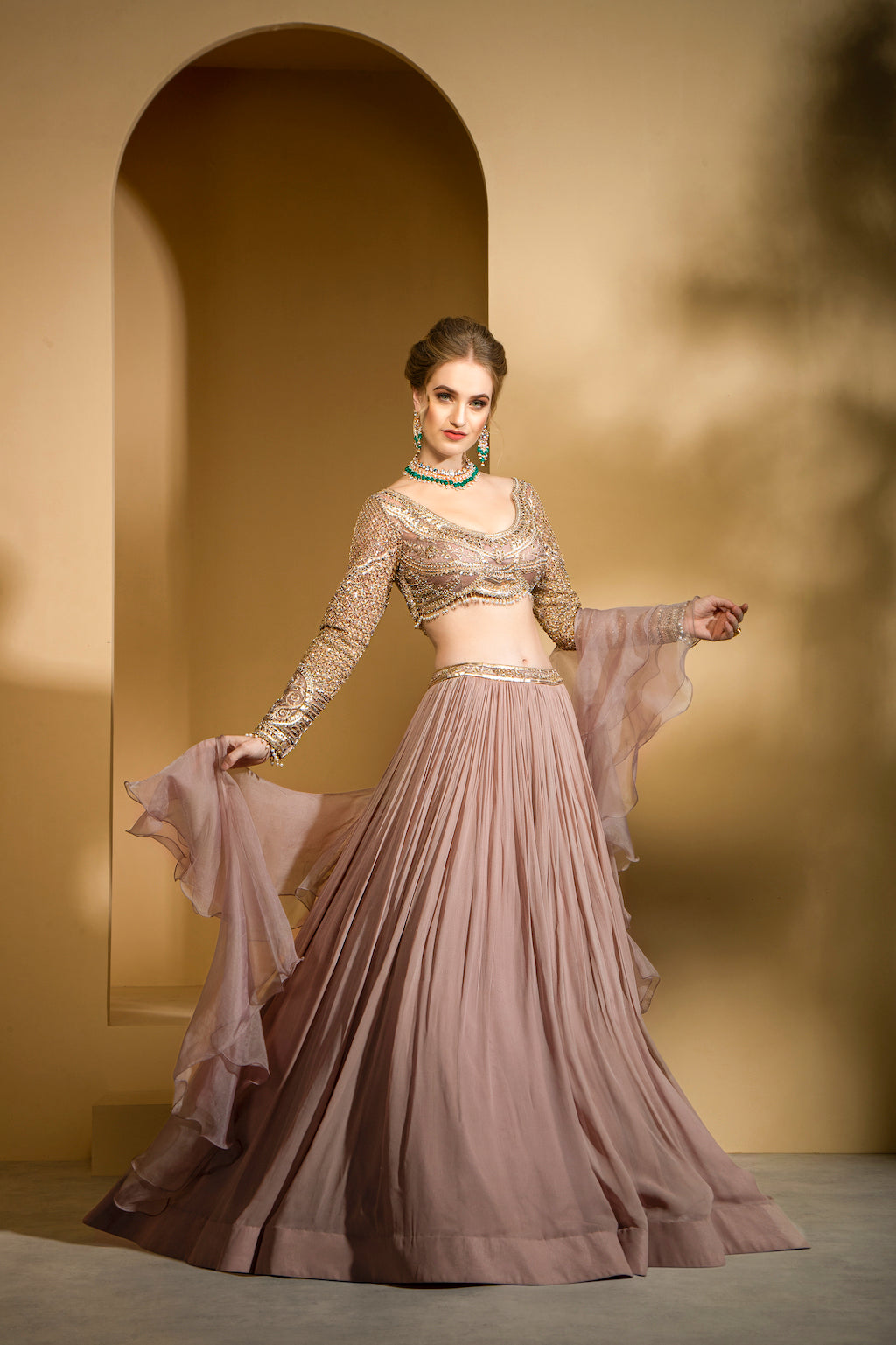 Blush Pink Embroidered top and skirt with ruffle scarf