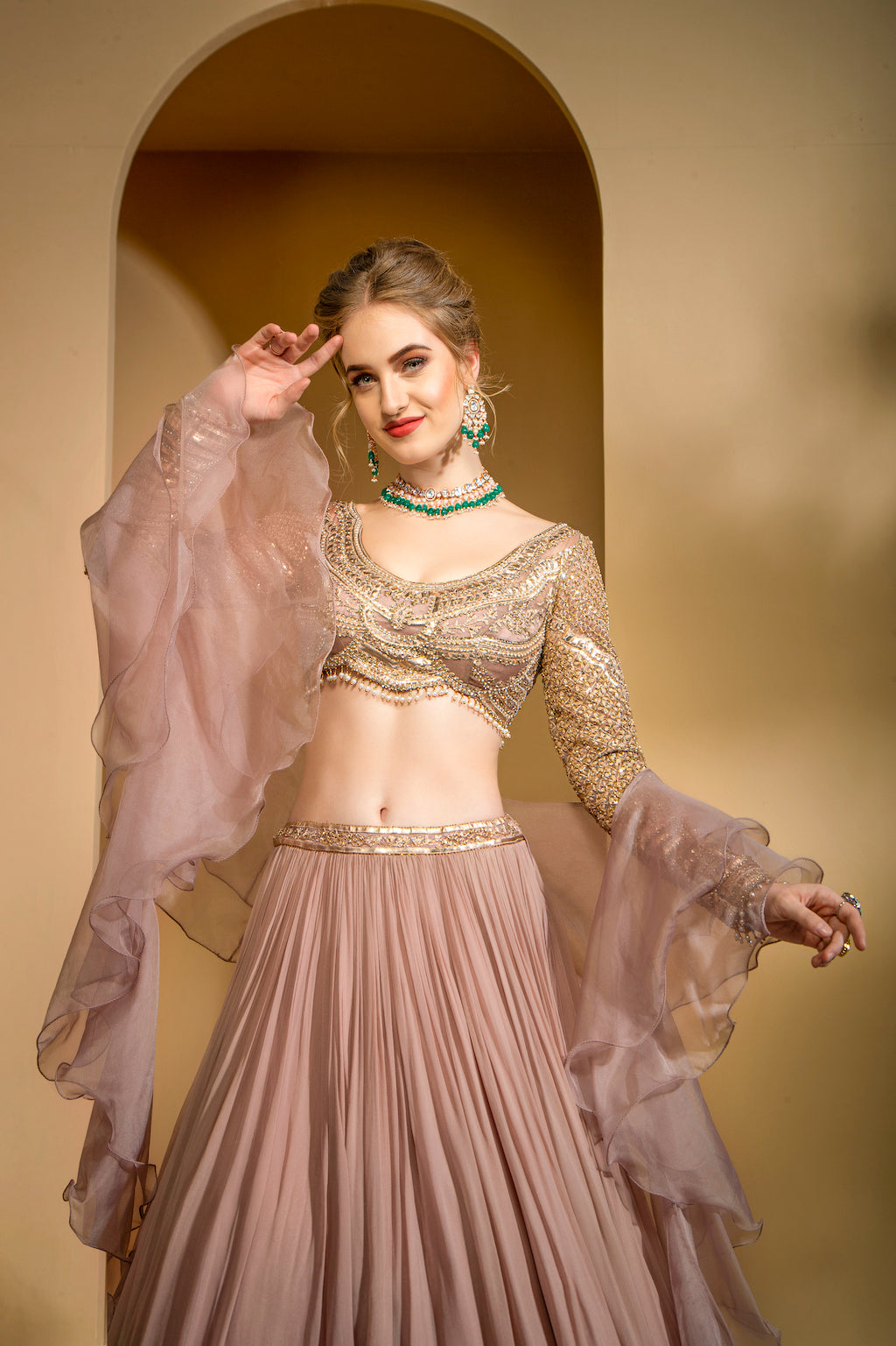 Blush Pink Embroidered top and skirt with ruffle scarf