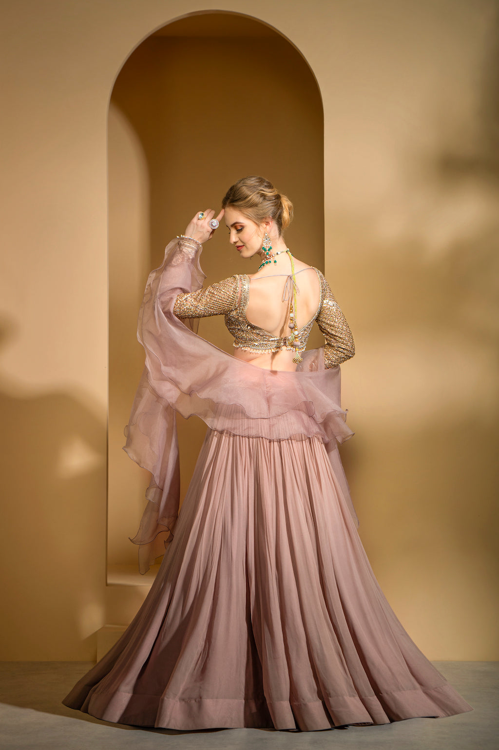 Blush Pink Embroidered top and skirt with ruffle scarf