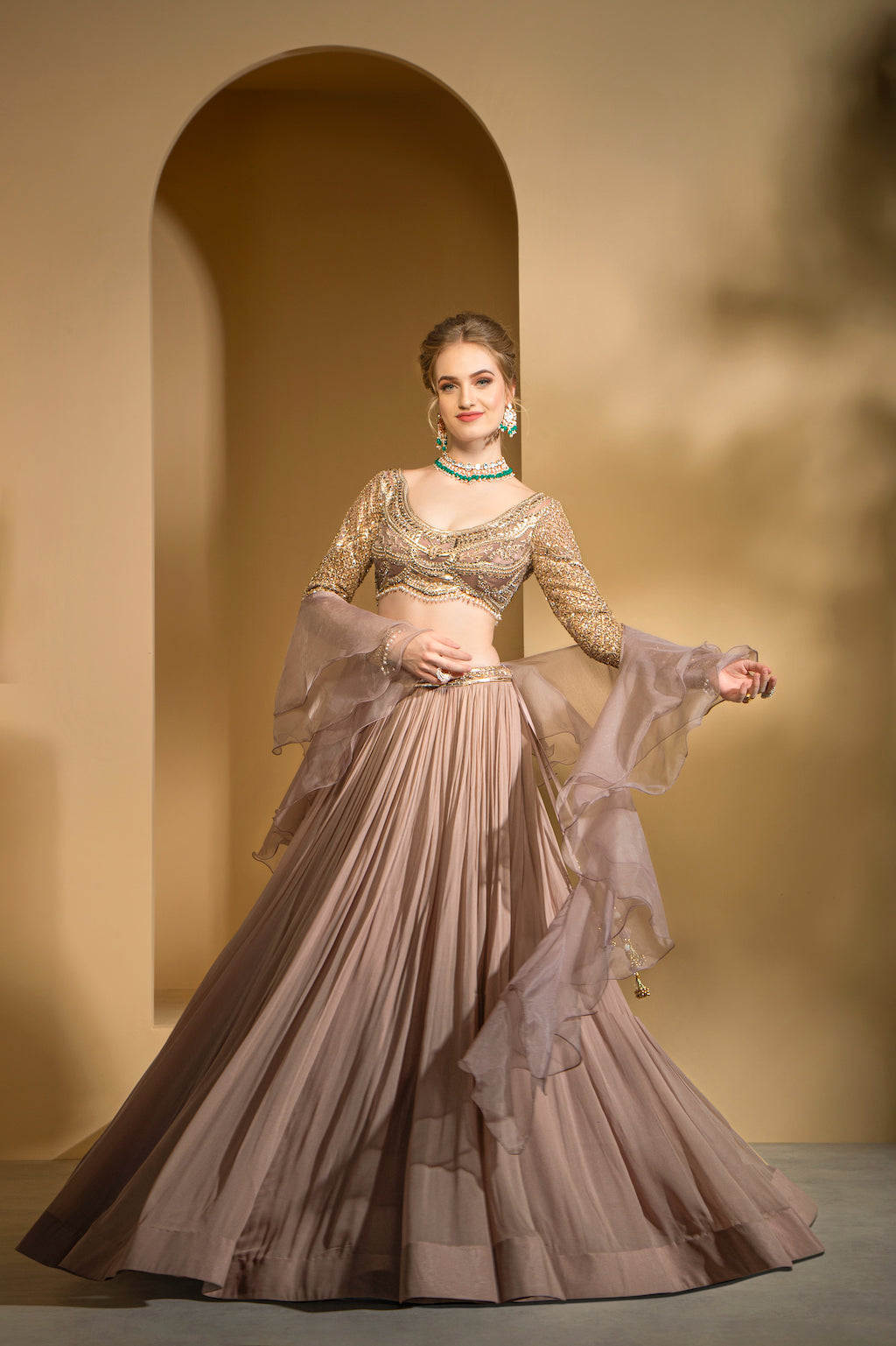 Blush Pink Embroidered top and skirt with ruffle scarf