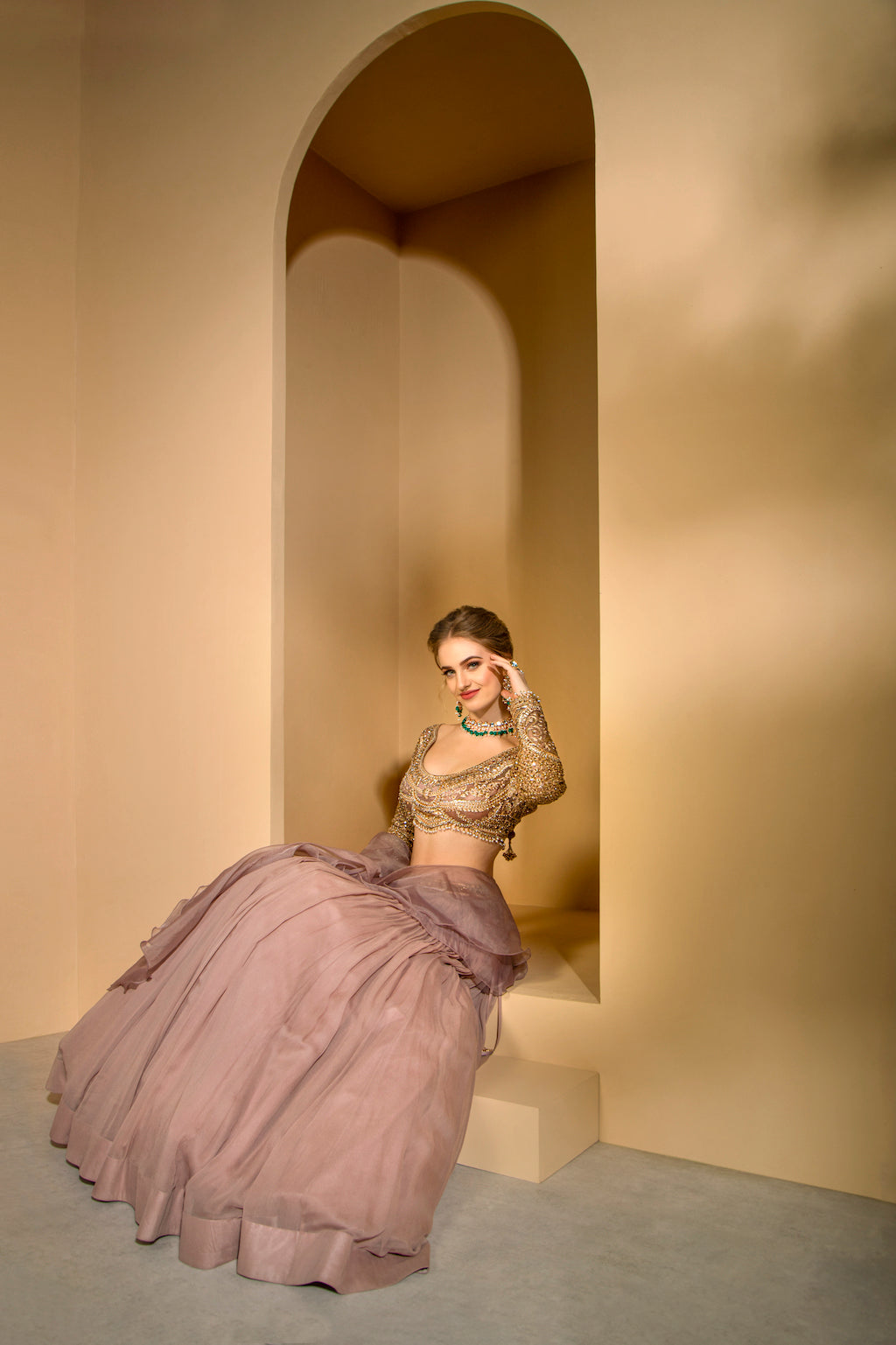 Blush Pink Embroidered top and skirt with ruffle scarf