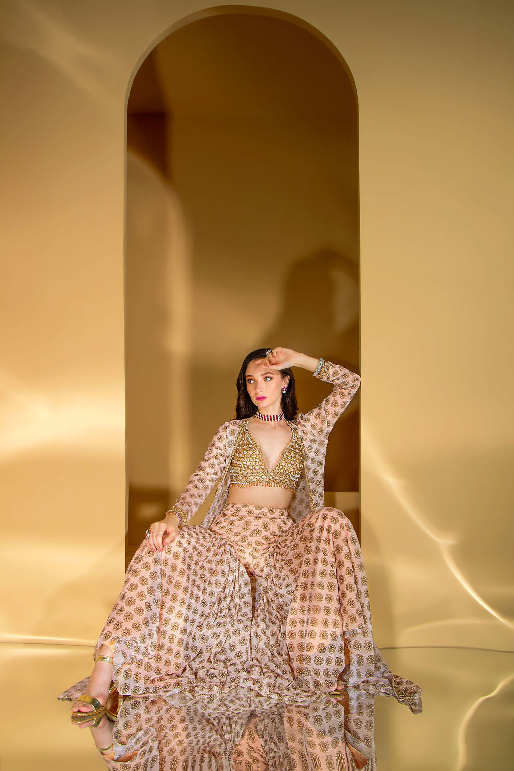 Printed Gharara with embroidered top and Jacket