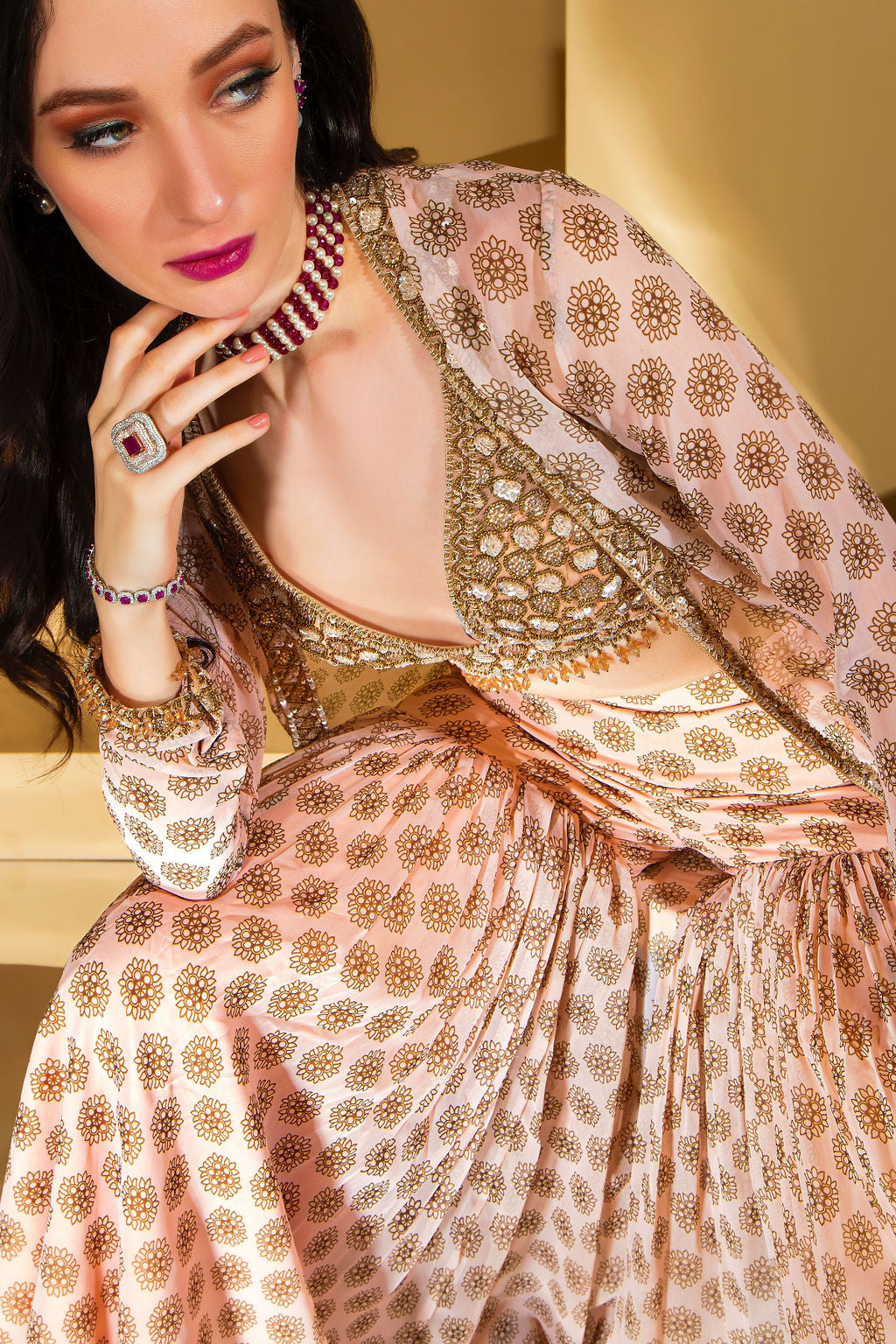 Printed Gharara with embroidered top and Jacket