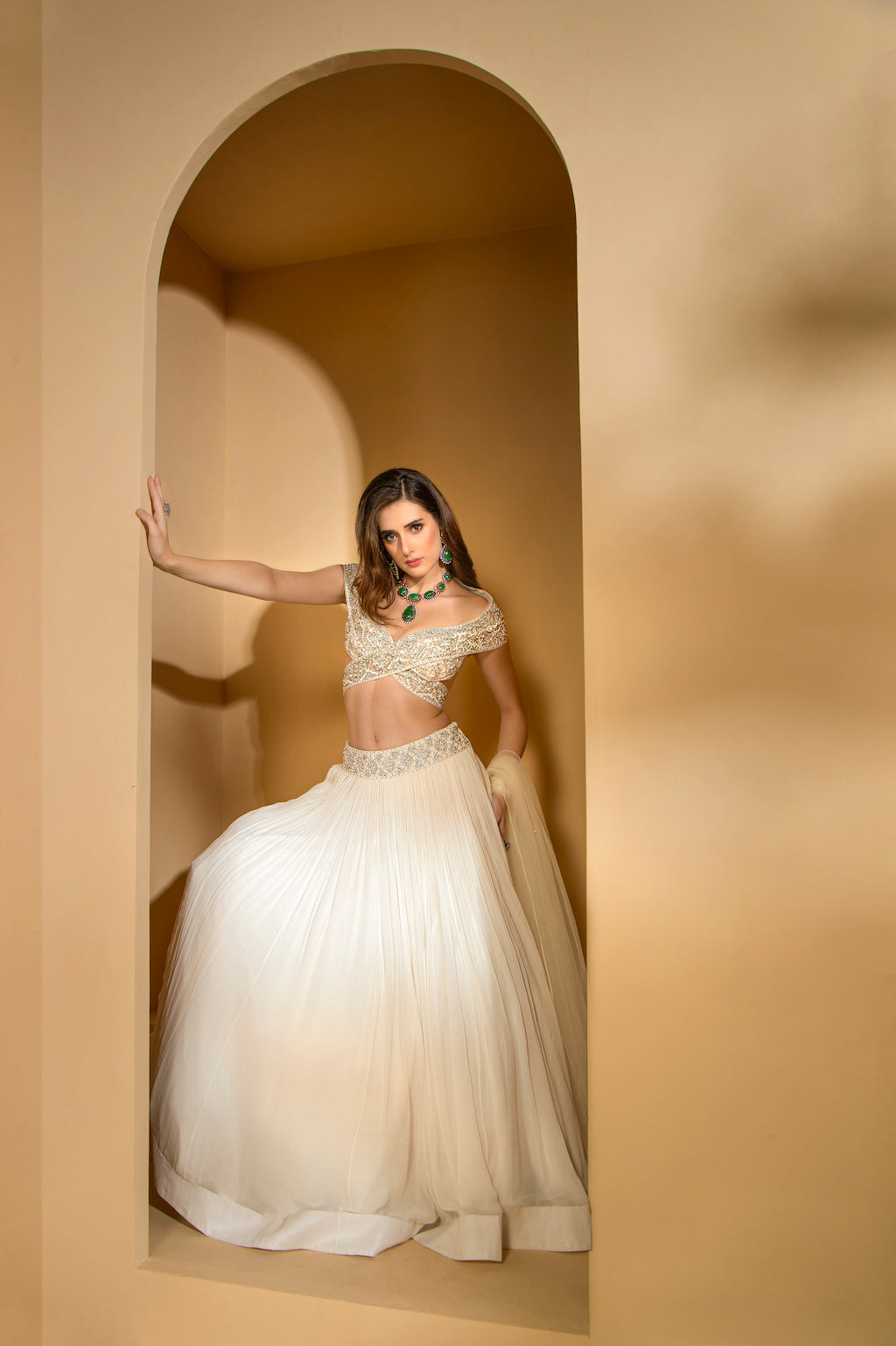 Ivory Embroidered top with skirt and scarf