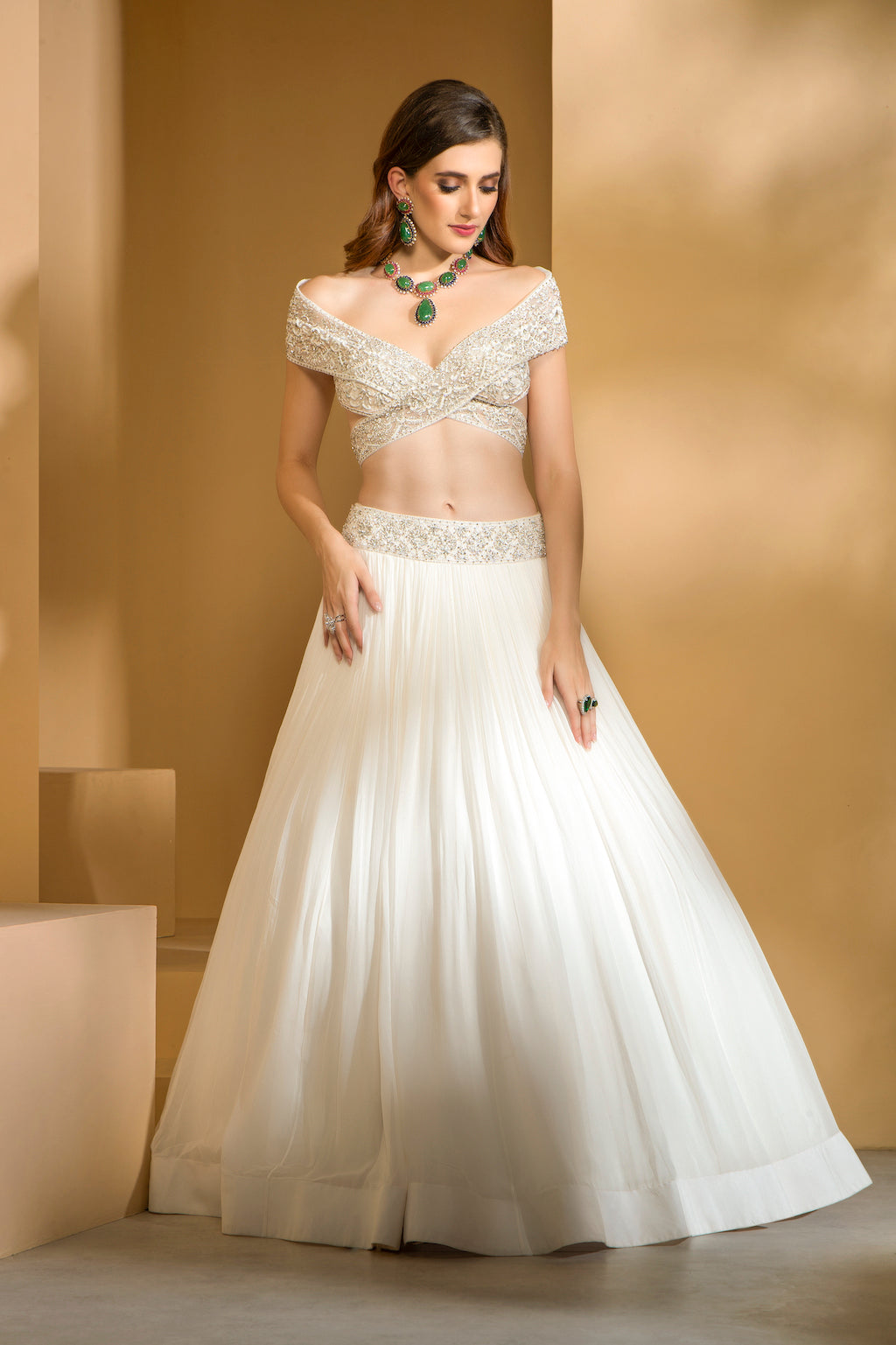 Ivory Embroidered top with skirt and scarf