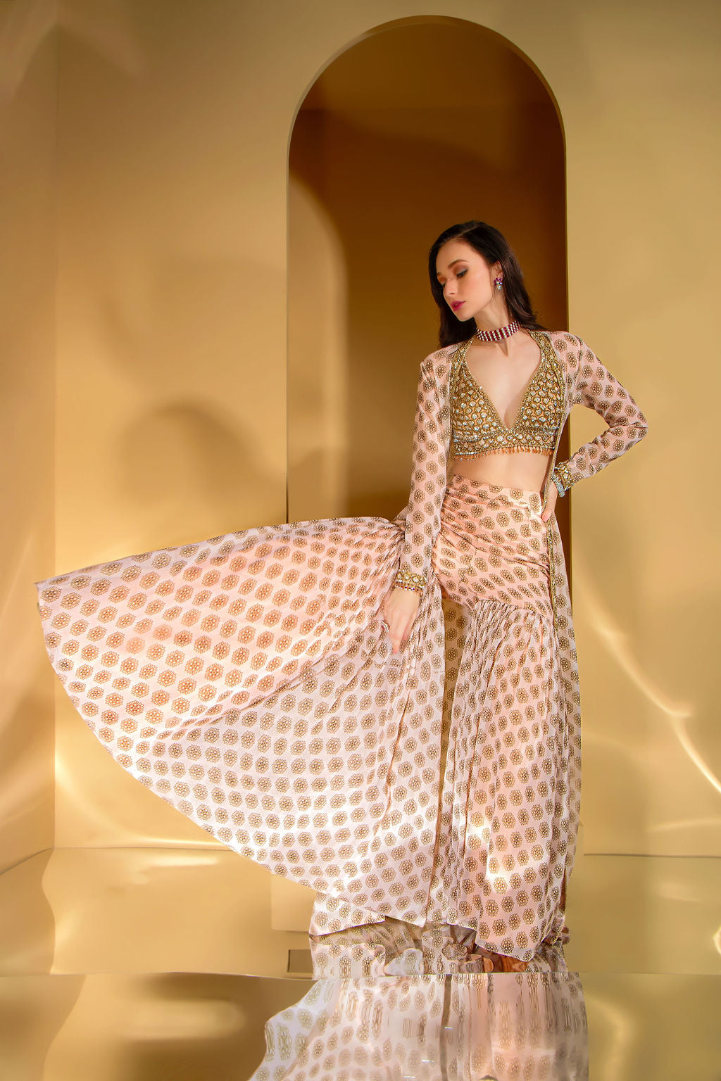 Printed Gharara with embroidered top and Jacket