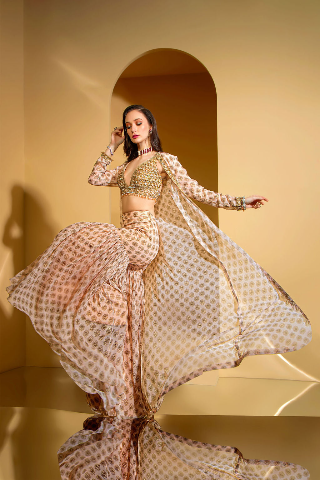 Printed Gharara with embroidered top and Jacket
