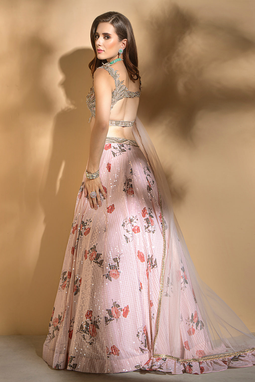 Floral Sequins Skirt with embroidered top and scarf