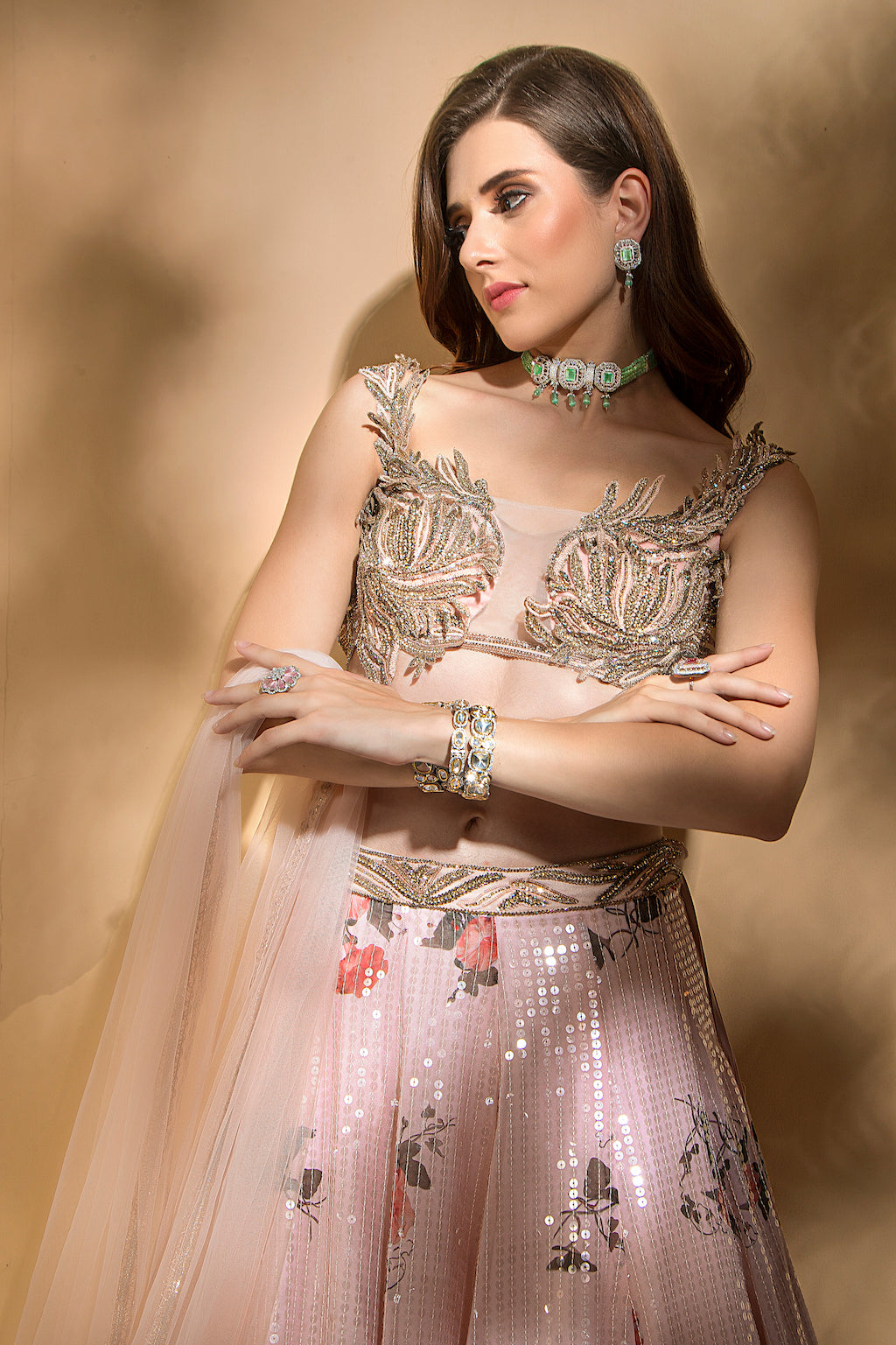 Floral Sequins Skirt with embroidered top and scarf